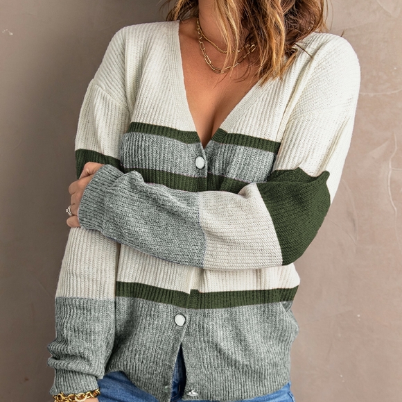 Striped Button Down V-Neck Cardigan - Picture 3 of 5